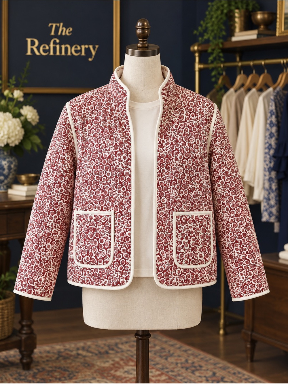 Quilted Floral-Print Jacket with Contrast Piping - Red pockets